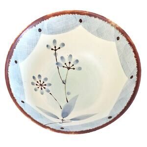 Vintage Made in Japan Hand-Painted Cream Brown and Blue Floral Ceramic Rice Bowl